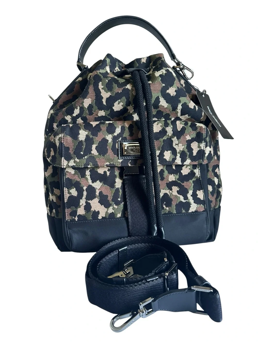 $2900 NWT Dolce & Gabbana Leopard Camouflage Jacquard Bucket Bag Backpack